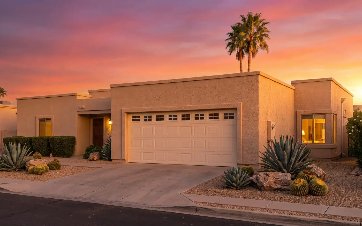 A single-storey stucco house at sunset with a cream raised-panel two-car garage door, a row of small windows across its top section, and a gravel and agave front yard.
